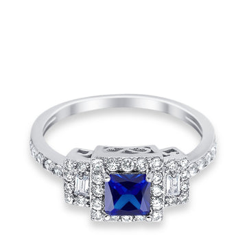 Halo Wedding Ring Baguette Simulated Blue Sapphire CZ 925 Sterling Silver